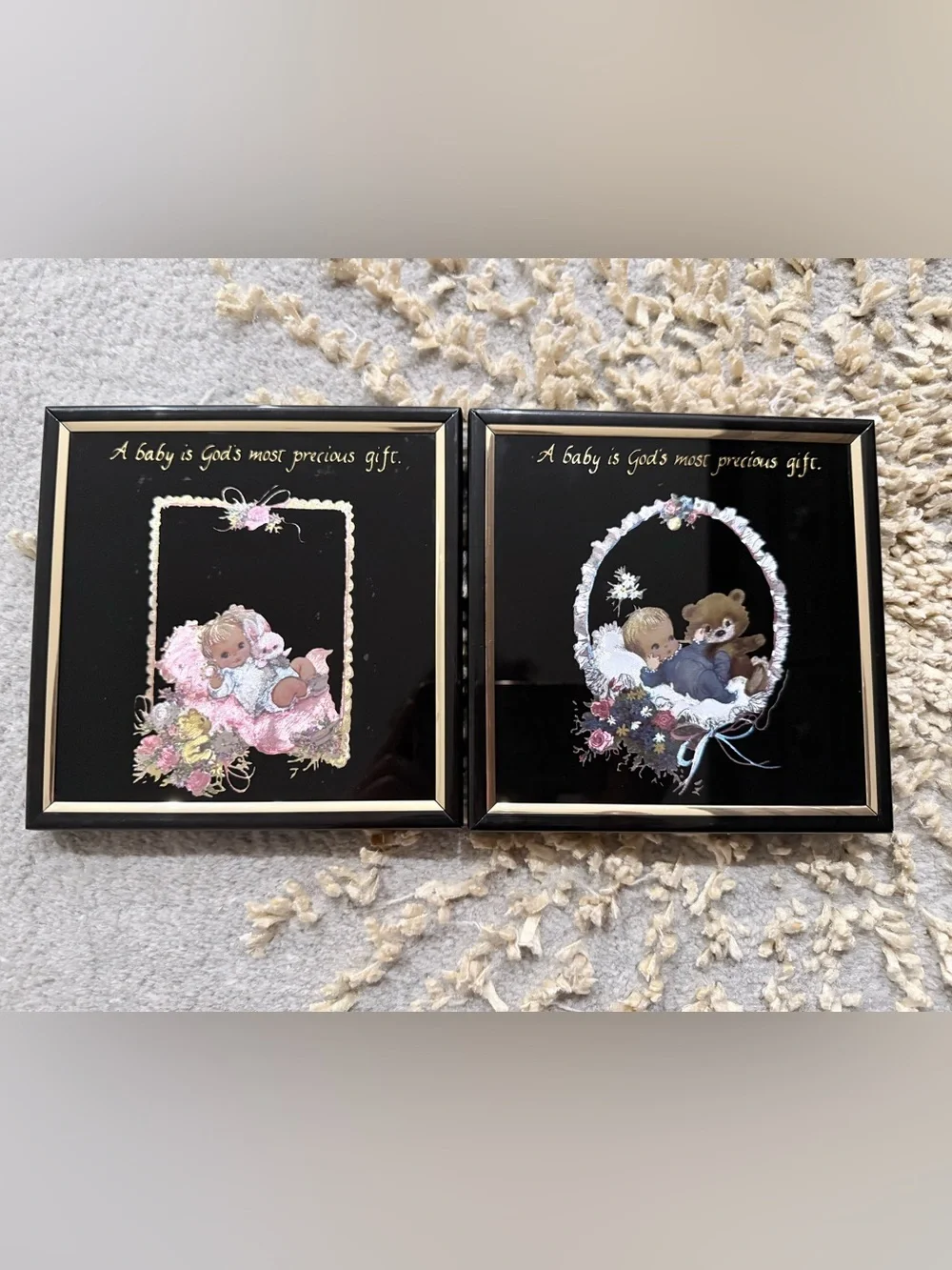 Vintage 1980s Kafka Baby Nursery Theme Foil Art Glass Prints 6x6 Pair